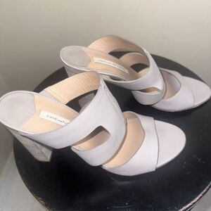 Diane Von Furstenberg Pumice Leather Wood Chunky Heeled Mule Sandals